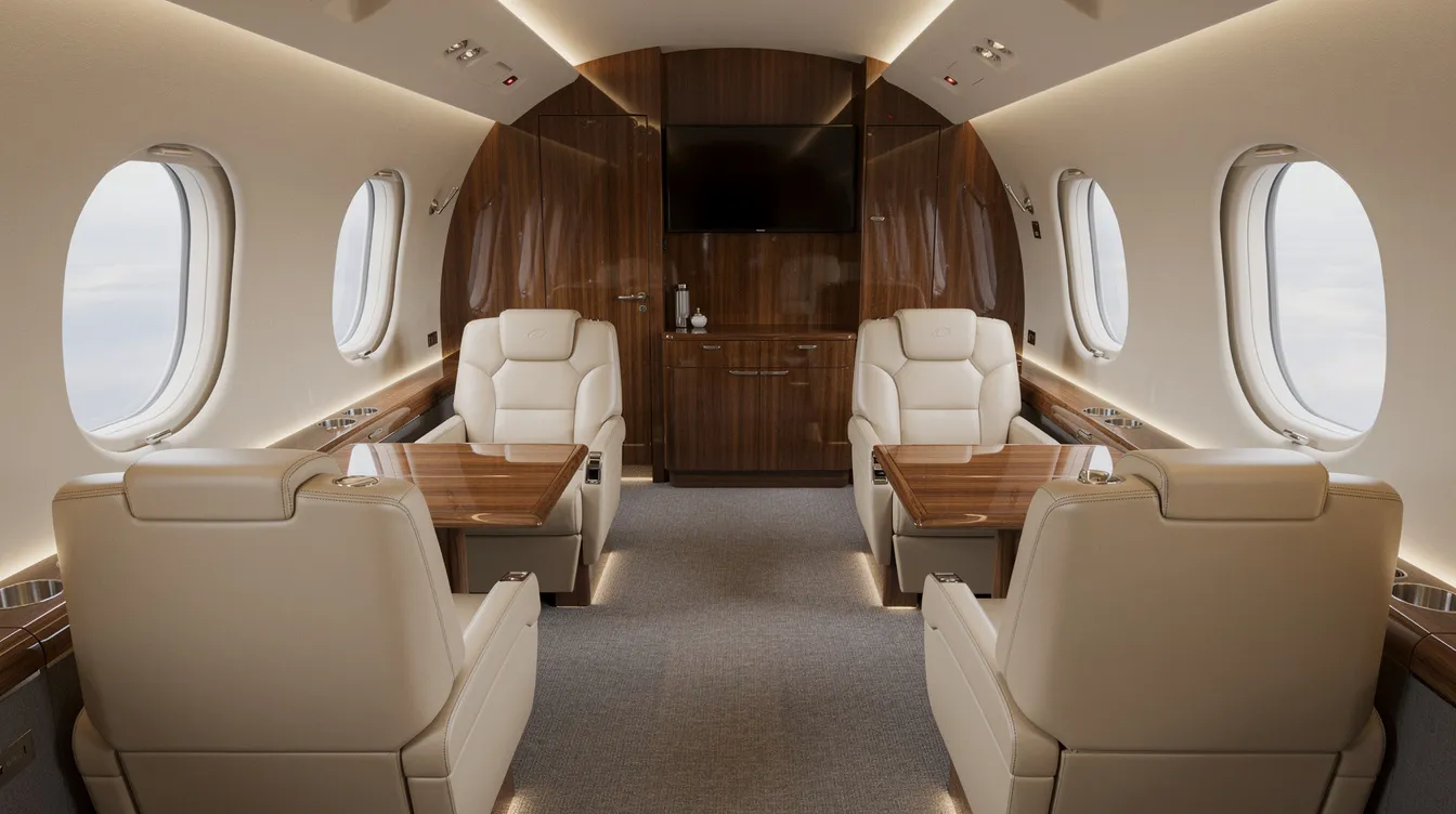 The image depicts the spacious cabin of a Gulfstream G V business jet, featuring cream leather club seats and elegant wood veneer cabinetry, illuminated by soft ambient lighting. This luxurious interior is designed to accommodate up to fourteen passengers, offering high-end amenities such as a full galley and a microwave open bar, perfect for a charter flight experience.
