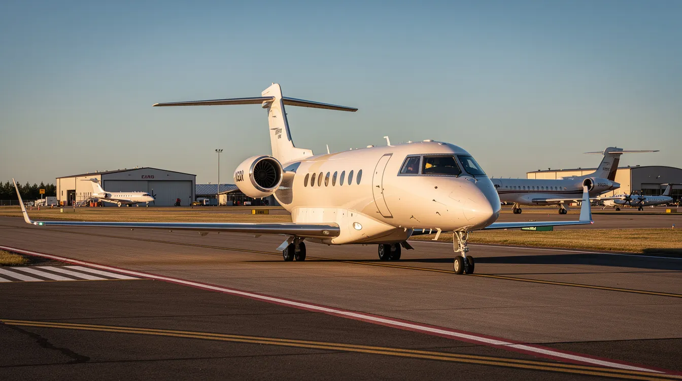A Gulfstream G V private jet is taxiing on a runway at a small business aviation airport, set against a backdrop of clear blue skies. The aircraft is designed for up to fourteen passengers, featuring a spacious cabin with luxurious accommodations and high-end amenities, including a full galley and microwave open bar.
