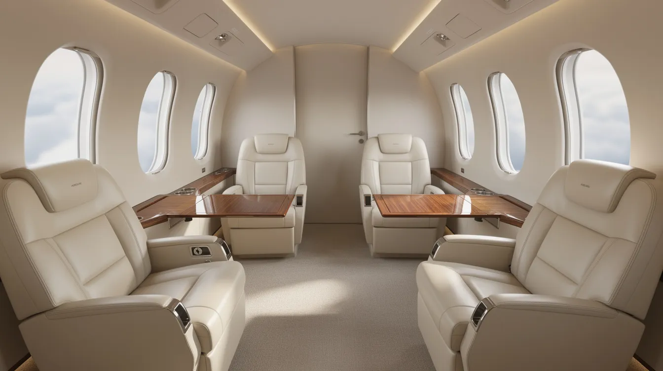 The image showcases the spacious cabin of an Embraer Legacy 500 business jet, featuring cream leather seats arranged in a club configuration and large oval windows that provide ample natural light. This modern aircraft is designed for comfort and performance, making it ideal for passengers who need to work or relax during their flight.
