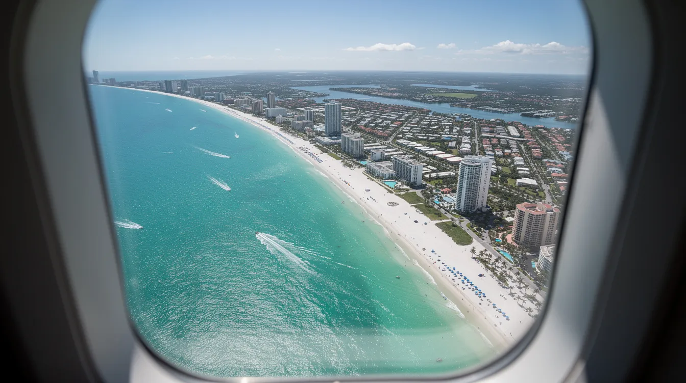 An aerial view from an aircraft window showcases a coastal Florida city with its turquoise waters and white sandy beaches. The image captures the spacious cabin of an Embraer Legacy 500, where passengers enjoy a comfortable flight while admiring the stunning scenery below.