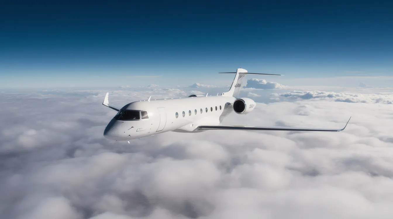 A sleek Embraer Legacy 500 business jet soars above a blanket of fluffy white clouds, with a clear blue sky stretching overhead, showcasing its spacious cabin designed for comfort and performance during flights. This aircraft is ideal for chartering passengers, providing access to work and leisure destinations with safety and style.