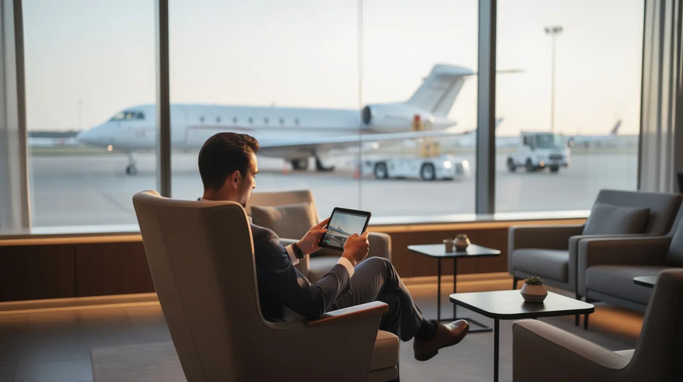 A person is seated in a contemporary airport lounge, focused on a tablet while enjoying a view of parked private jets outside the large window. The scene reflects the sophistication of Stebbins Aviation Inc. in Longview, TX.