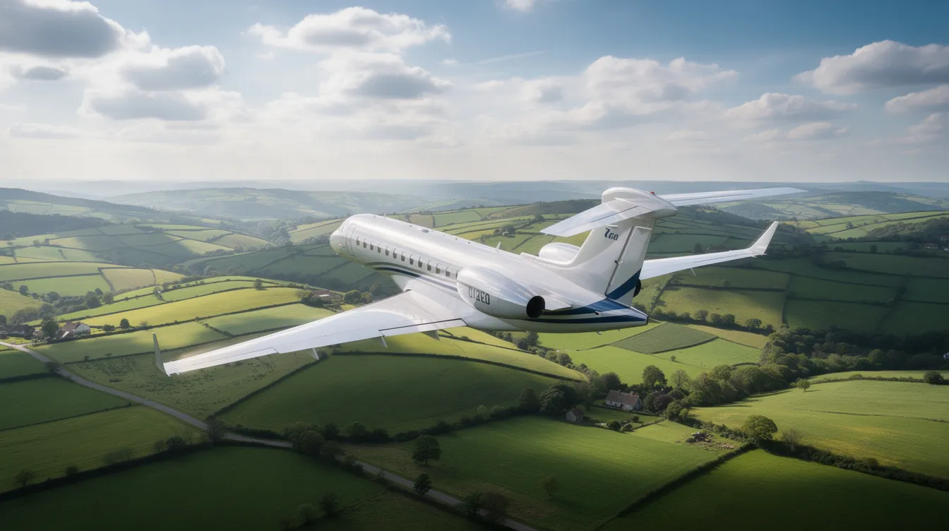 A sleek light business jet from Stebbins Aviation Inc glides gracefully over lush green countryside, with partly cloudy skies providing a picturesque backdrop. This scene captures the essence of aviation in Longview, TX, showcasing the beauty of flight amidst nature.