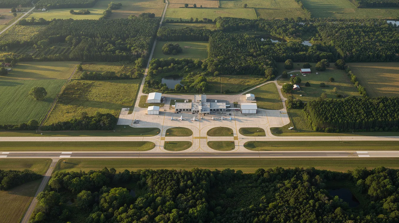 An aerial view showcases a regional airport in Longview, TX, surrounded by lush green landscapes typical of East Texas, with runways clearly visible from above. The image captures the essence of Stebbins Aviation Inc's presence in the area.