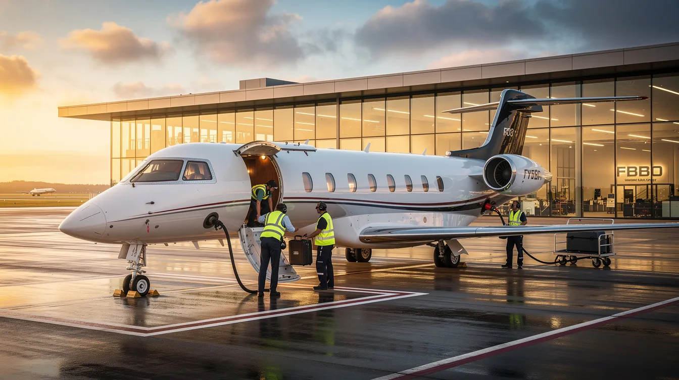 A sleek private jet is parked at a modern Fixed Base Operator (FBO) terminal, with ground crew members preparing for departure. The scene includes other aircraft in the background, highlighting the busy atmosphere of business aviation.