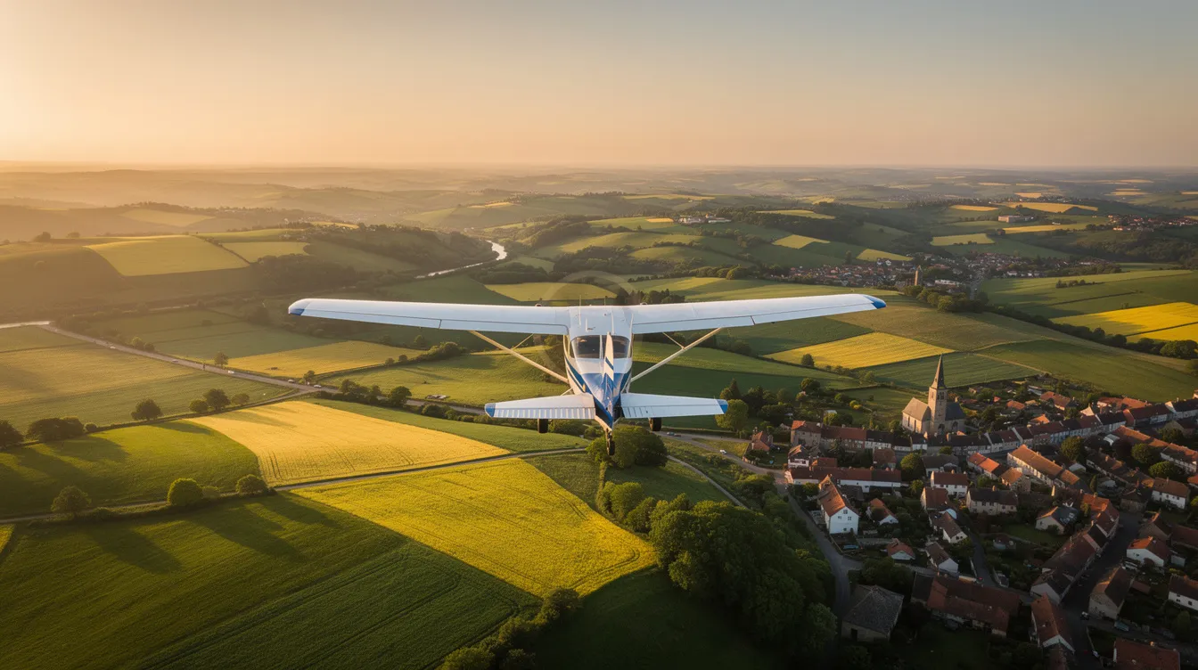 A single-engine piston aircraft is flying low over lush green countryside, with small towns and fields visible below. The scene captures the essence of flight, showcasing the aircraft's tail number as it navigates through the serene landscape.