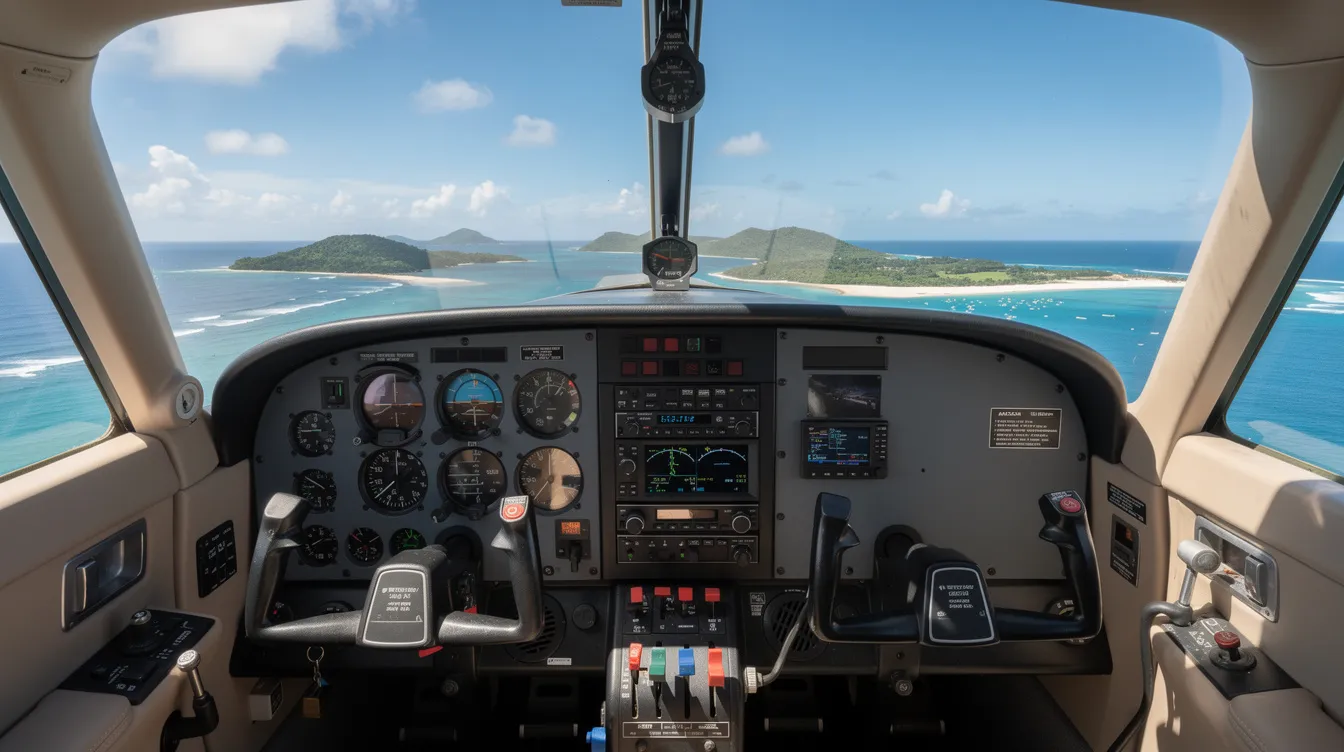 The image shows a cockpit view from inside a twin-engine piston aircraft, featuring a transparent fuselage nose that provides a clear view of a scenic island landscape ahead. The cockpit is filled with various instruments, indicating the aircraft's flight status and route, while the design accommodates more space for five passengers.