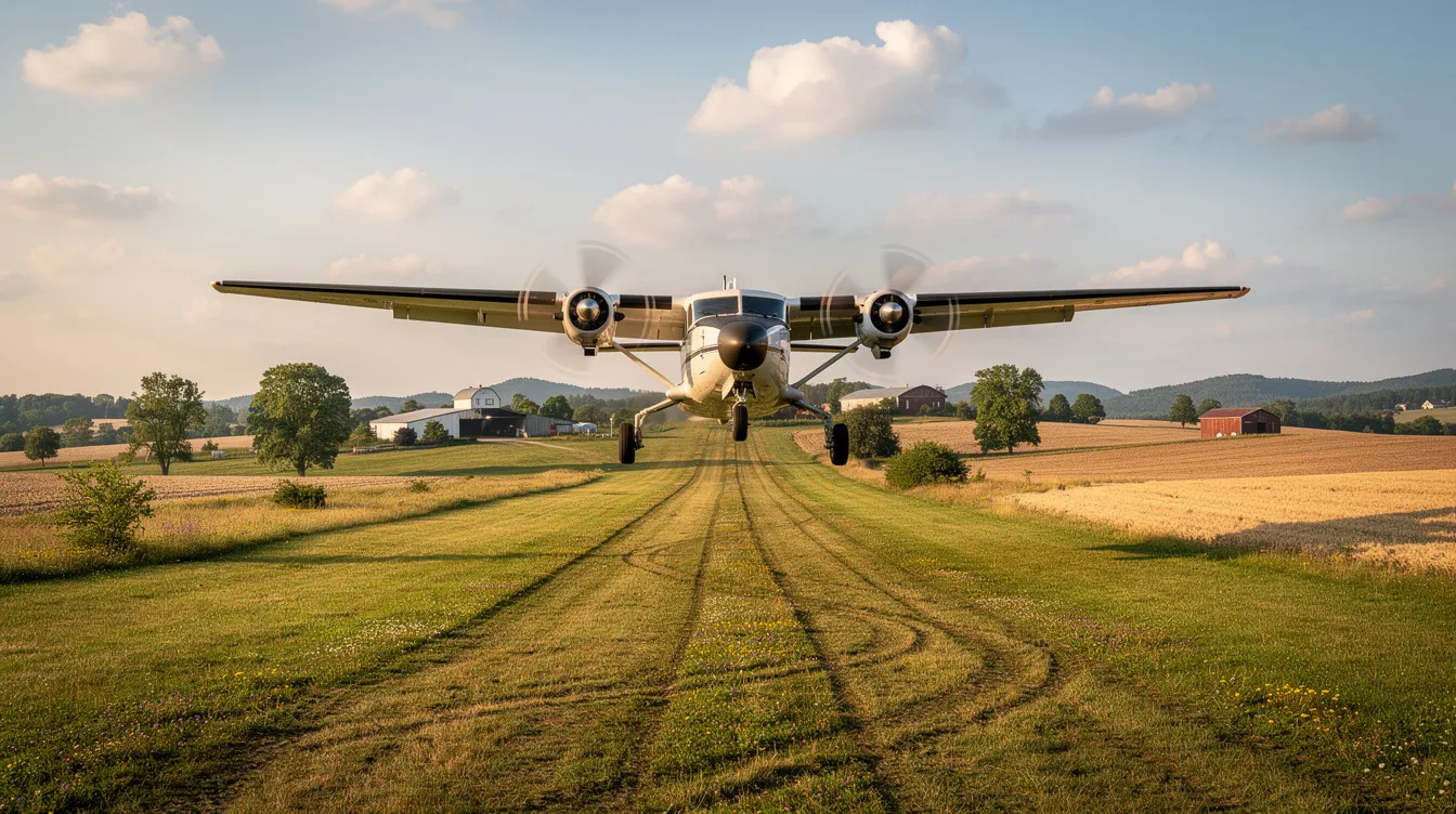 A light twin-engine aircraft with a transparent fuselage nose and high wings is approaching a short grass runway in a rural countryside setting, ready to accommodate five passengers. The plane, designed for increased weights and equipped with larger fuel tanks, showcases its military variant capabilities as it prepares for landing.