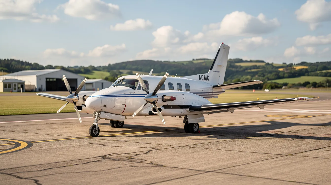 A small twin-engine aircraft with a transparent fuselage nose is parked on the tarmac of a compact regional airfield, surrounded by lush green hills. The plane is designed to accommodate five passengers and features larger fuel tanks, indicating its capability for longer flights and increased service ceiling.