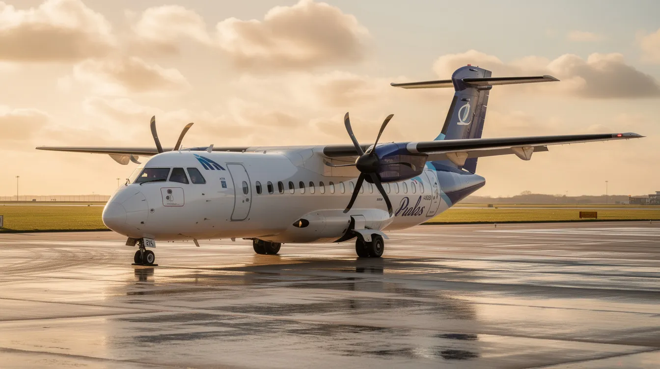 The image depicts an ATR 42-500, a twin turboprop regional airliner known for its improved passenger cabin and high performance in hot and high altitude conditions. It features new six-bladed propellers and a glass cockpit, showcasing advancements in efficiency and capability for short runways.