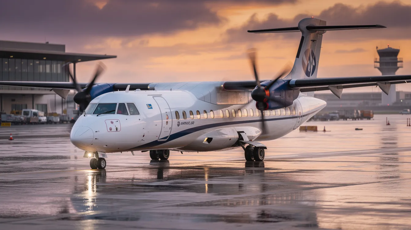 The image depicts an ATR 42-500, a twin turboprop regional airliner known for its improved passenger cabin and high performance in hot and high altitude conditions. It features new six-bladed propellers and a glass cockpit, showcasing advancements in efficiency and capability for short runways.