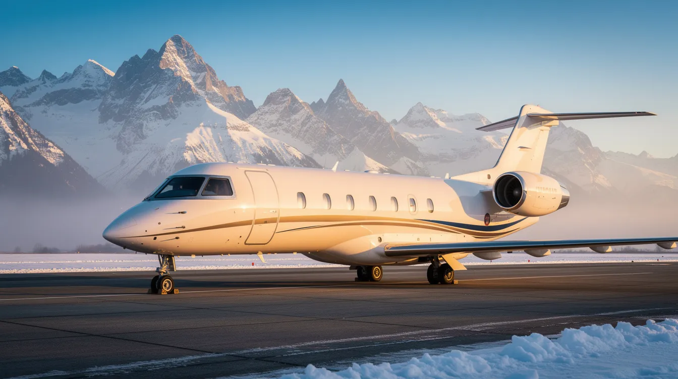 A sleek private jet is parked on a tarmac, with stunning snow-capped mountains visible in the background, showcasing its high-performance design. This meticulously maintained aircraft represents an excellent opportunity for recreational flying and general aviation enthusiasts.