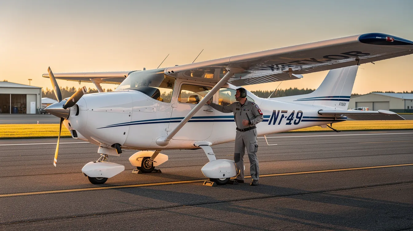 A pilot is conducting a pre-flight walkaround inspection on a high-wing light sport aircraft on a paved runway, ensuring that the control surfaces and landing gear are in perfect condition before taking off for recreational flying. This meticulously maintained two-seater ultralight aircraft is ready to fly and offers a great opportunity for flight training and gaining a sport pilot certificate.