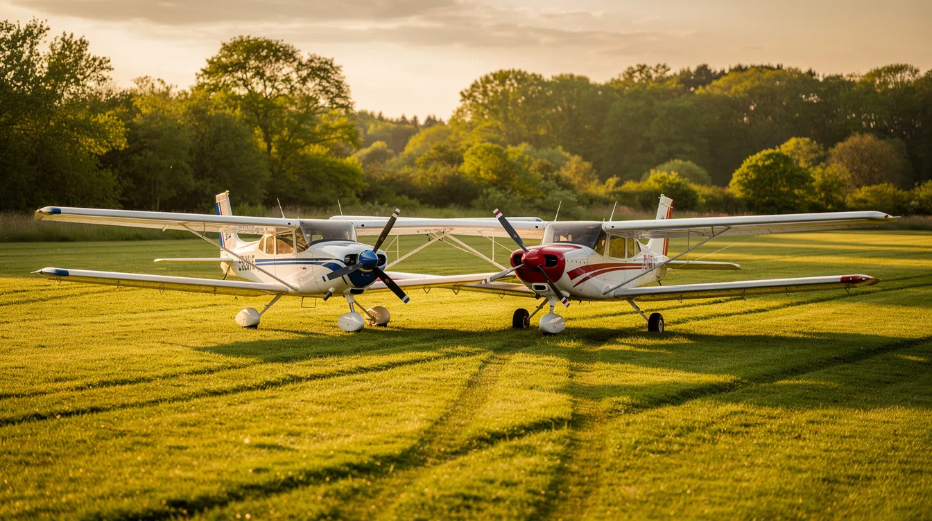 Two light sport aircraft, one a carbon cub and the other an air creation twin, are parked side by side on a rural grass airfield, surrounded by trees. Both aircraft are meticulously maintained and represent a great opportunity for recreational flying or flight training for pilots looking to build their skills.