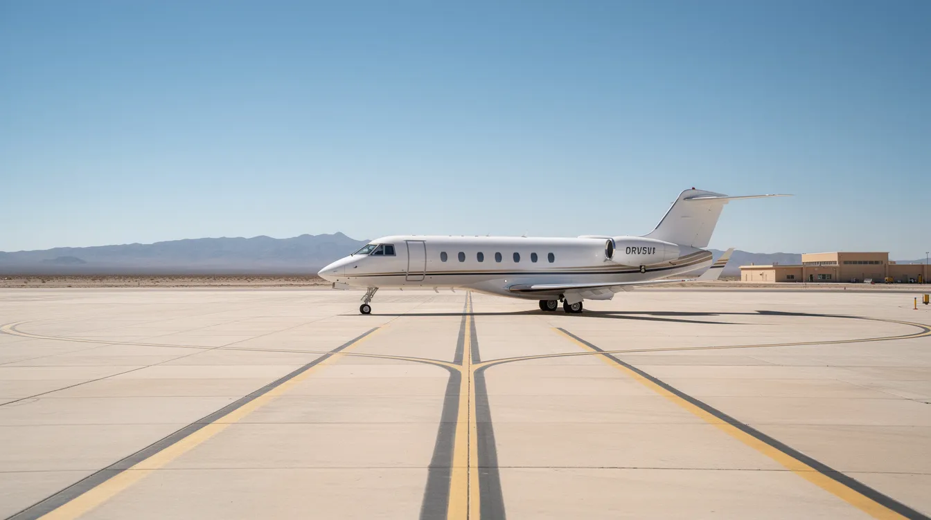A small private jet is parked on the tarmac of a desert airport under a clear blue sky, showcasing the stunning landscapes of the Sonoran Desert. This scene reflects the luxury and convenience of private jet charter services in the greater Phoenix area.