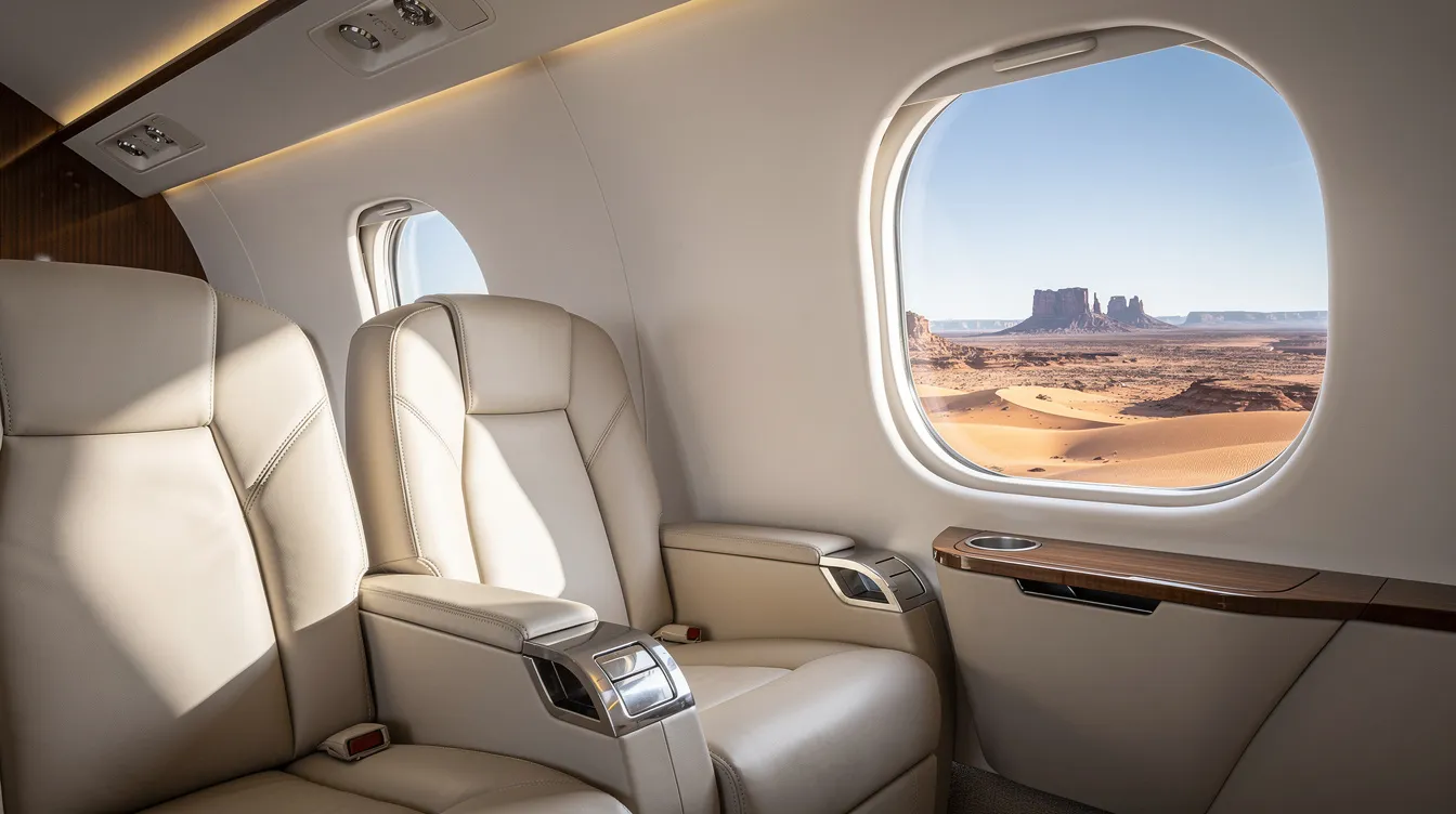 The interior of a light private jet is showcased, featuring plush leather seats and a large window revealing stunning desert landscapes below, typical of the Sonoran Desert. This luxurious setting is ideal for private jet travelers seeking convenient access to destinations like Phoenix Sky Harbor International Airport and beyond.