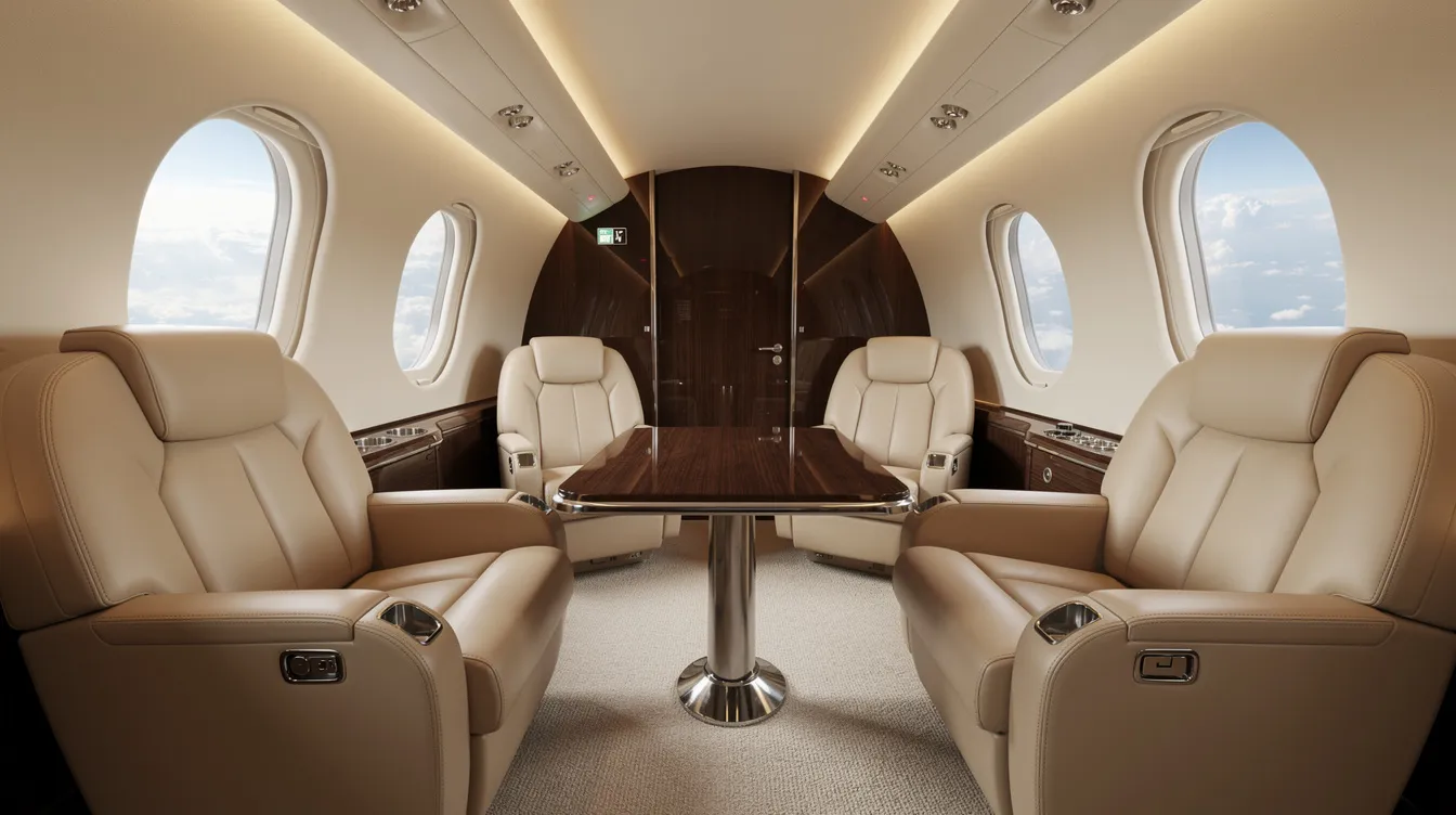The image depicts a luxurious private jet interior featuring plush leather seats arranged in a club configuration, allowing passengers to face each other for enhanced personal space and comfort. This elegant cabin design emphasizes passenger comfort and offers a sophisticated atmosphere for travelers.