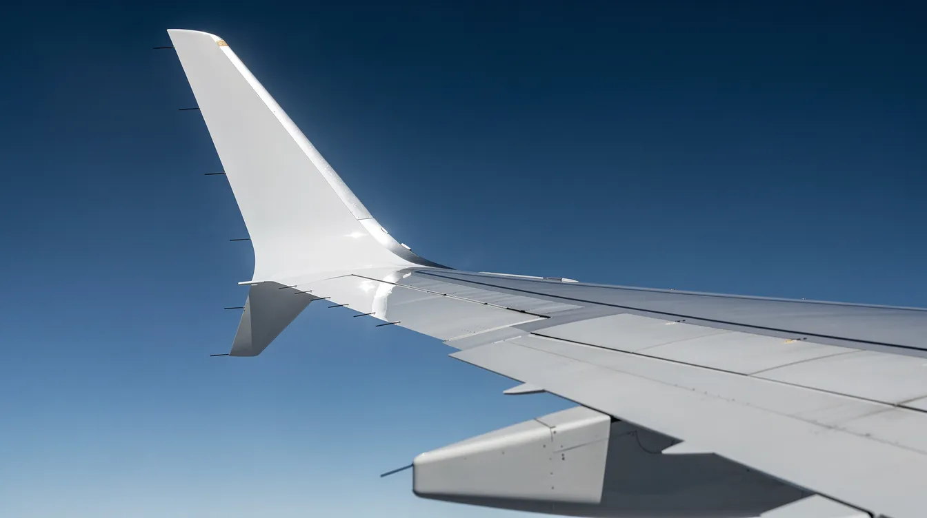 A close-up view of a modern aircraft wing featuring a split-tip winglet, set against a clear blue sky, showcasing aerodynamic improvements that enhance fuel efficiency in commercial aviation. The image highlights the advanced technology used in aircraft like the Boeing 737, designed for medium haul routes with increased passenger capacity and comfort.
