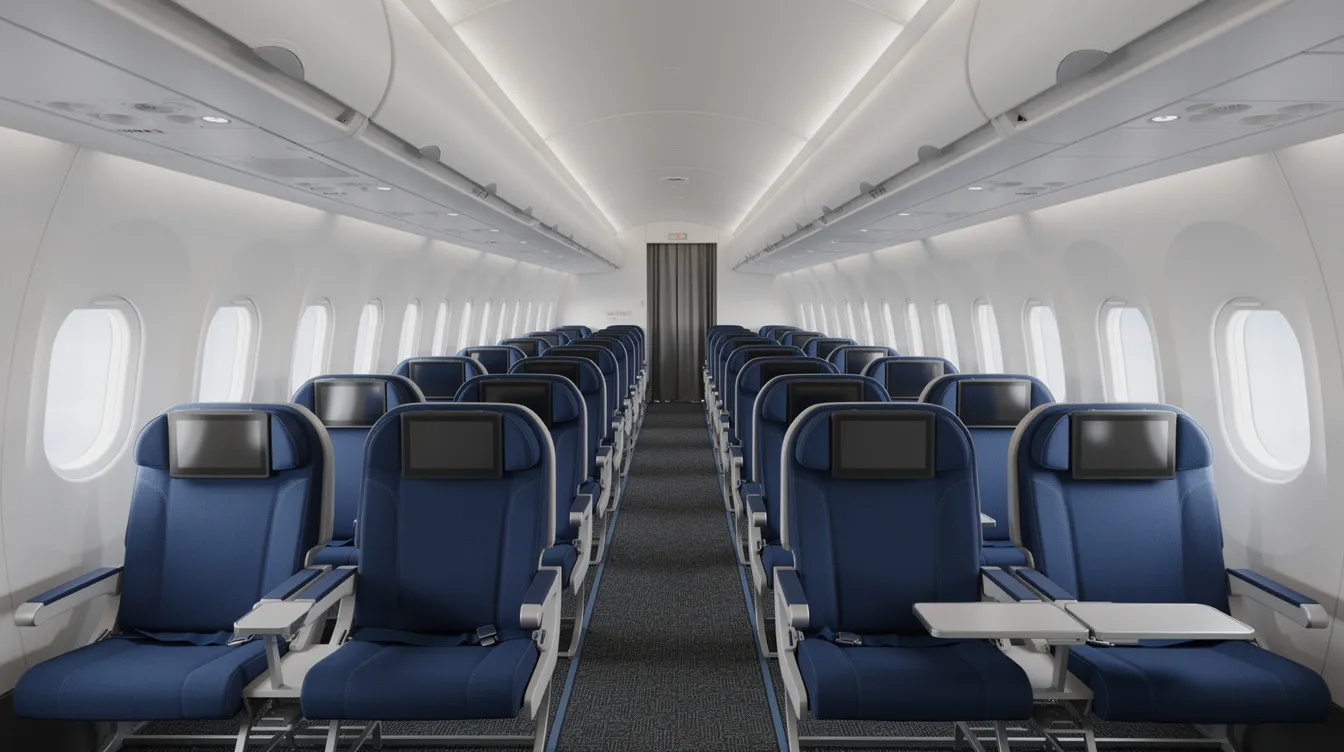 The image depicts the interior of a modern narrow-body aircraft cabin, featuring rows of blue economy class seats with overhead bins, designed for passenger comfort and efficient use of cabin space. This Boeing 737 configuration emphasizes fuel efficiency and is suitable for medium haul routes, providing a pleasant environment for travelers.