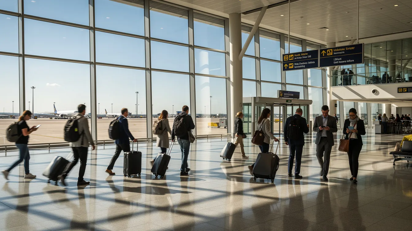 A busy modern airport terminal features passengers walking through spacious areas with large windows that let in natural light. This vibrant scene highlights the hustle of travelers, as they prepare for domestic and international flights, showcasing the excitement of air travel and the search for cheap flights.