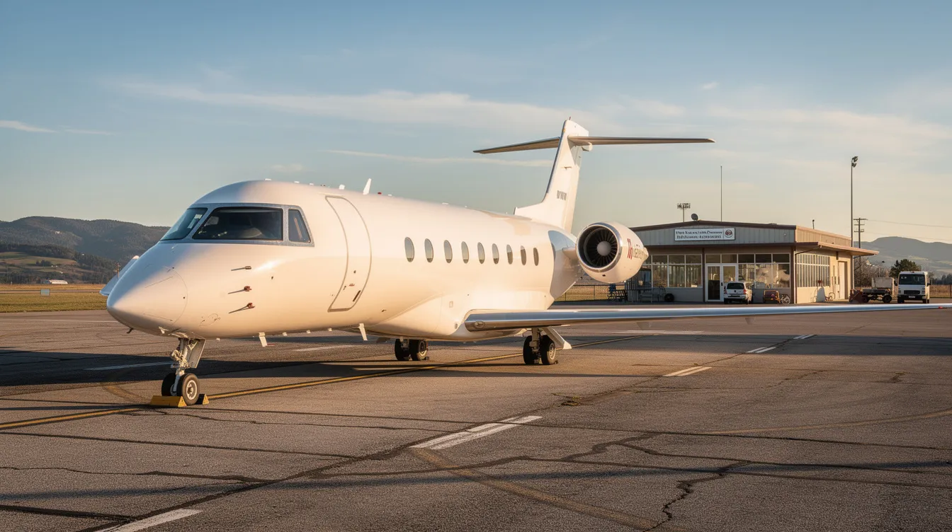 A sleek private jet is parked on the tarmac at a small regional airport, showcasing the luxury and exclusivity of air travel. This image captures the essence of premium travel options for business travelers and those seeking the best flight experiences.