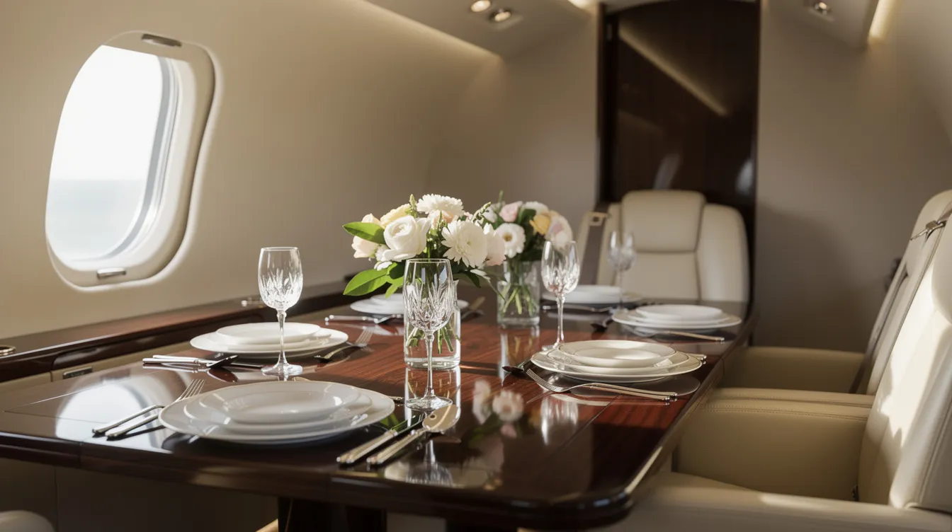 The image depicts an elegant dining setup inside a luxury private jet, featuring white plates, sparkling wine glasses, and fresh flowers arranged on a polished wood table, creating an inviting atmosphere for passengers during their flight. This luxurious dining experience highlights the cabin comfort and style often associated with private aviation.