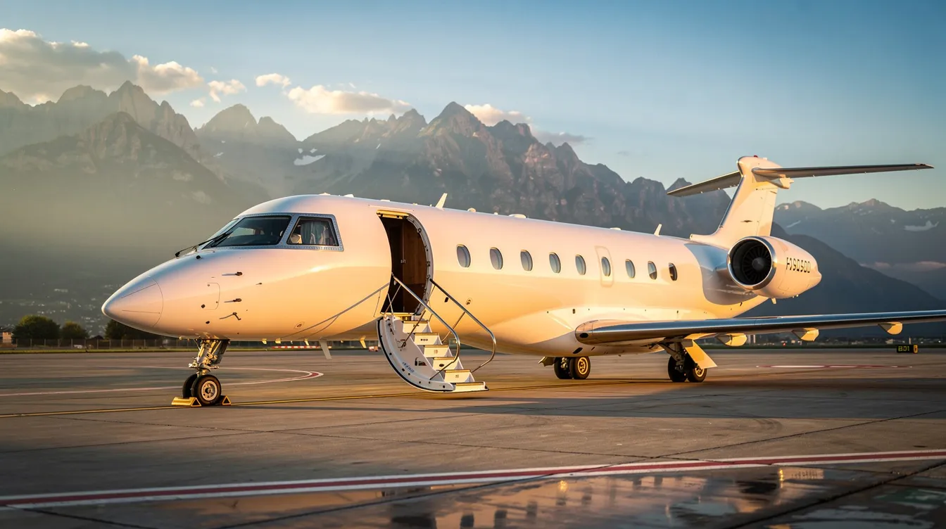 A luxury private jet is parked on a sunlit tarmac, with its stairs extended for boarding, while majestic mountains rise in the background. This scene captures the essence of private aviation, showcasing the elegance and convenience of traveling in a private aircraft.