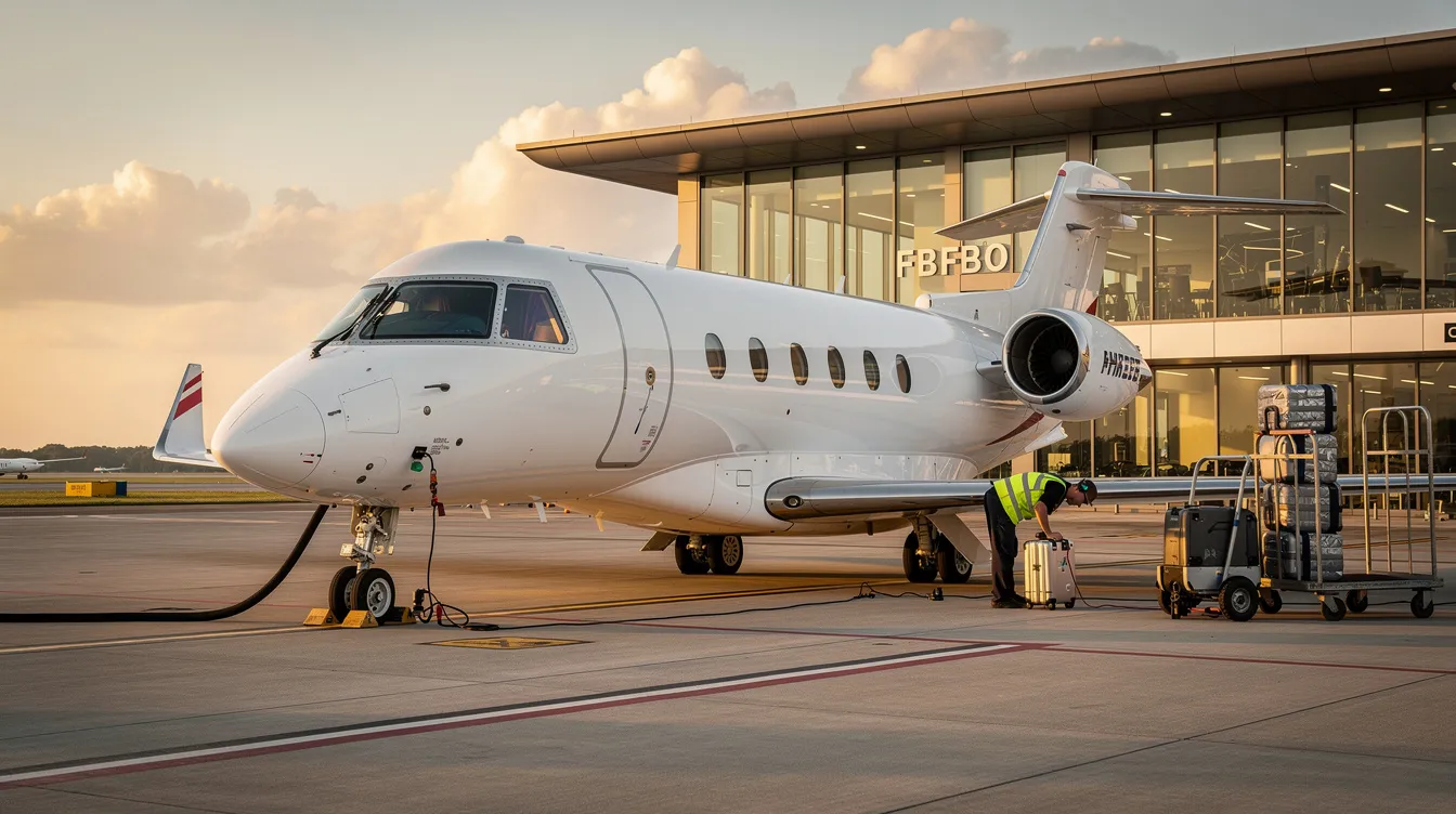 A sleek white luxury private jet is parked at a modern FBO terminal, where ground crew members are preparing for departure. The scene highlights the elegance of private aviation, showcasing the jet's design and the bustling activity of business aircraft operations.