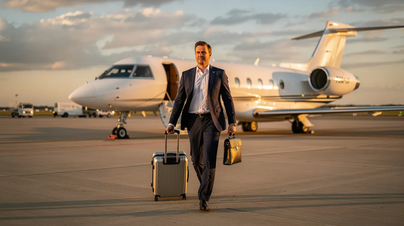 A business executive in professional attire is walking toward a private jet on an airport ramp, with luggage in hand, symbolizing the high direct operating costs associated with private jet travel. The scene captures the essence of aircraft ownership and the various expenses, such as fuel costs and crew salaries, that come with operating a private jet.