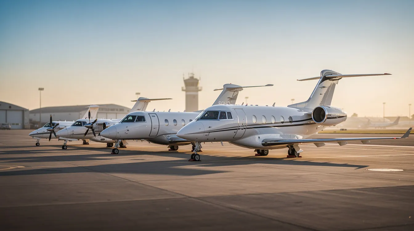 A row of various private jets, from a small turboprop to a large cabin jet, is parked on an airport ramp, showcasing different aircraft sizes and types. This lineup highlights the diversity in private jet ownership and the associated operating costs, including fuel costs and maintenance expenses.