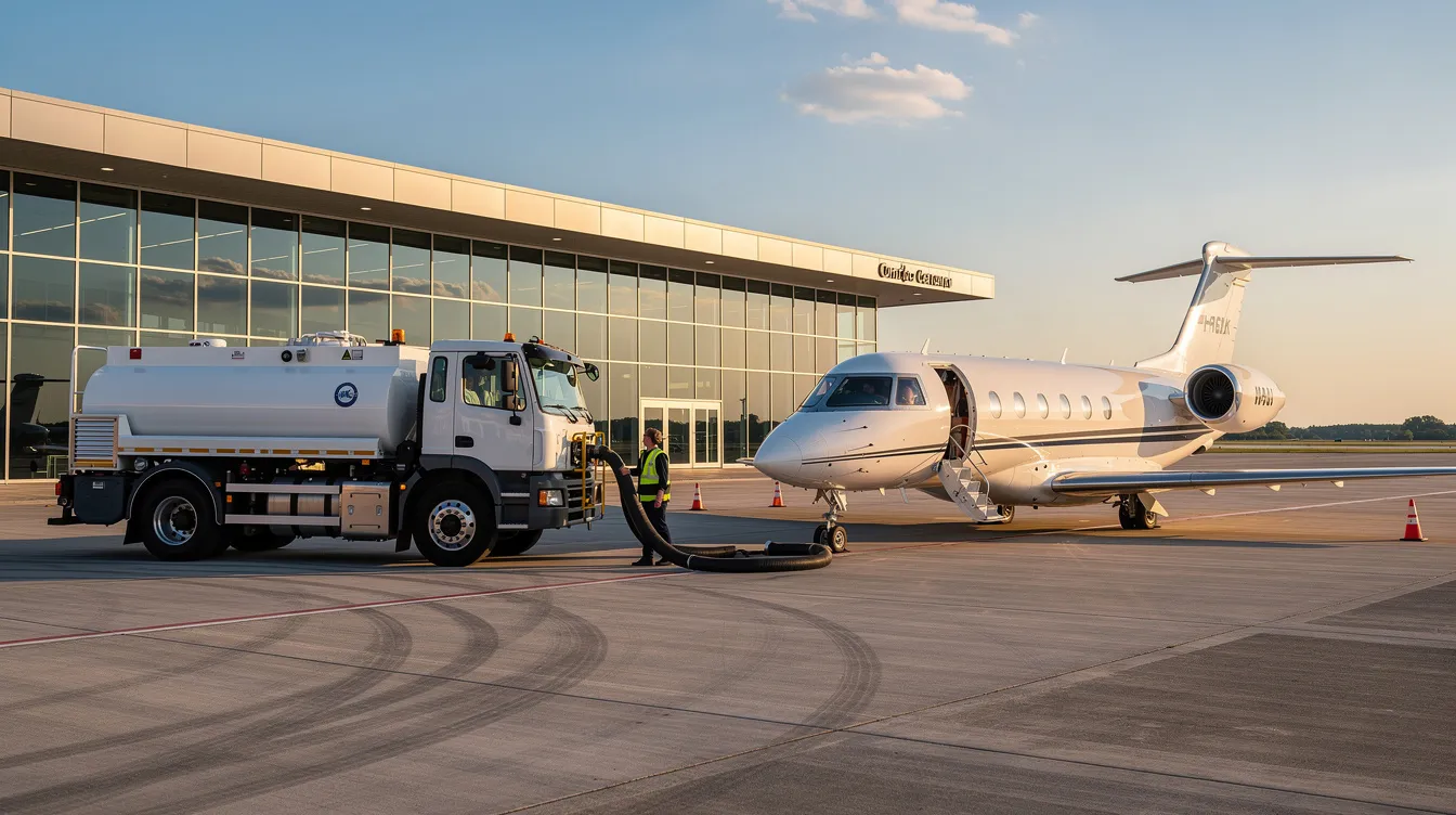 A fuel truck is seen refueling a private jet on a concrete apron at a business aviation terminal, highlighting the importance of managing fuel costs as part of direct operating costs for aircraft. This scene emphasizes the operational aspects of private jet ownership and the associated expenses, such as fuel and maintenance.