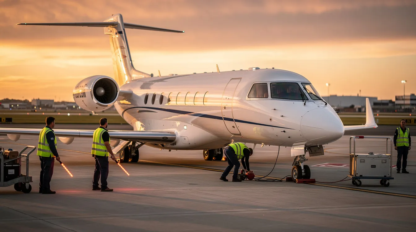 A sleek midsize private jet is parked on a tarmac at sunset, with warm hues illuminating the scene, while ground crew members are nearby preparing for its next flight. The image captures the essence of general aviation and highlights the importance of proper aircraft maintenance and the skills learned in aircraft mechanic training programs.