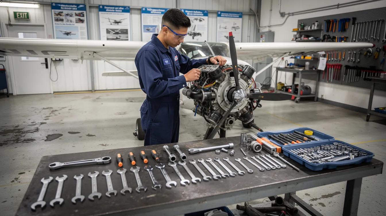 A student mechanic is focused on repairing a small aircraft engine in a training hangar, surrounded by various tools on a workbench. This hands-on training is part of their aircraft mechanic training program, which prepares them for a career in aircraft maintenance.
