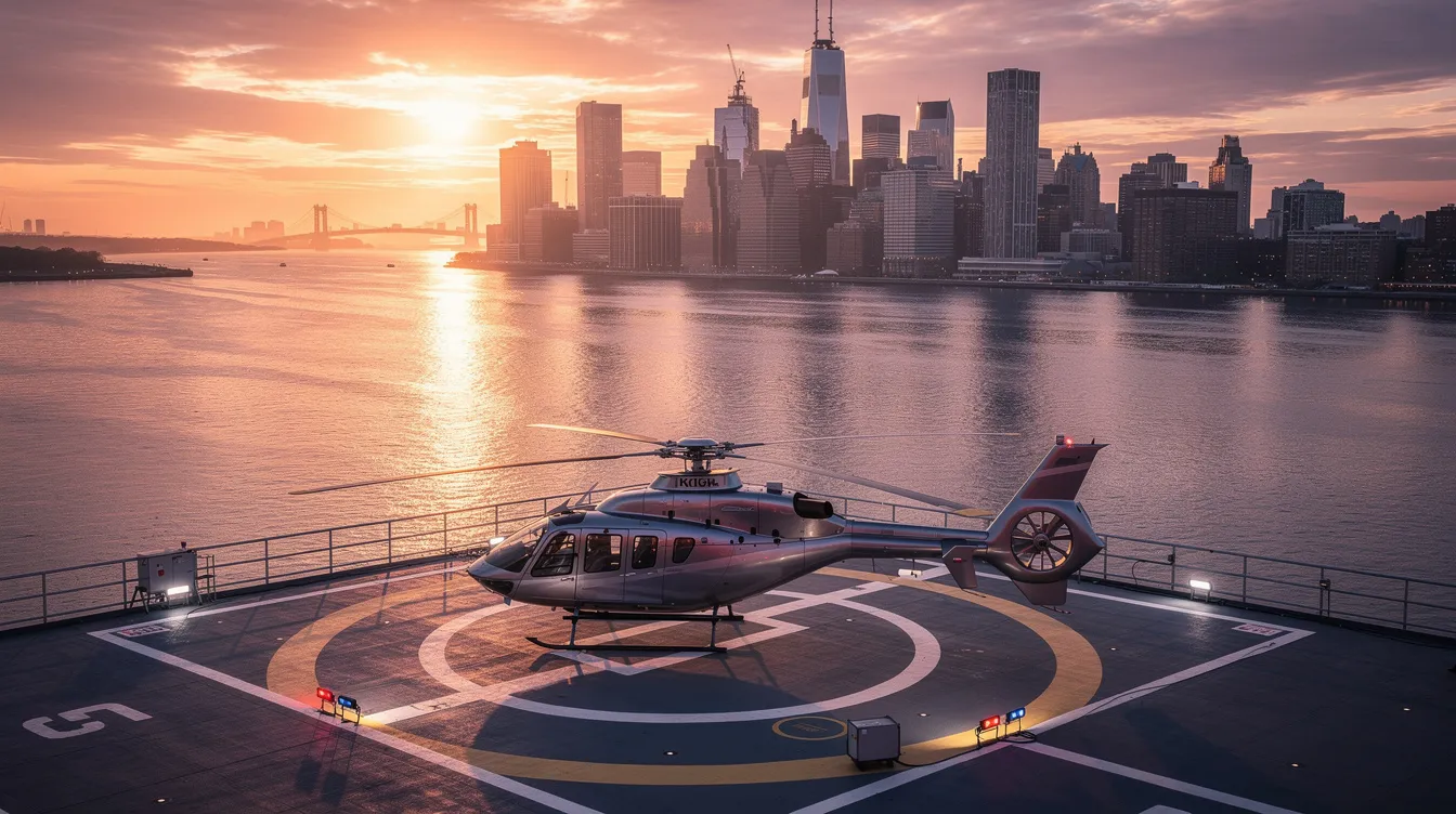 A helicopter is parked on a helipad with the Hudson River in the foreground and the Manhattan skyline illuminated by the warm glow of sunset in the background. This scene captures the breathtaking views of New York's iconic landmarks, including the Empire State Building and One World Trade Center, making it a perfect starting point for unforgettable NYC helicopter tours.