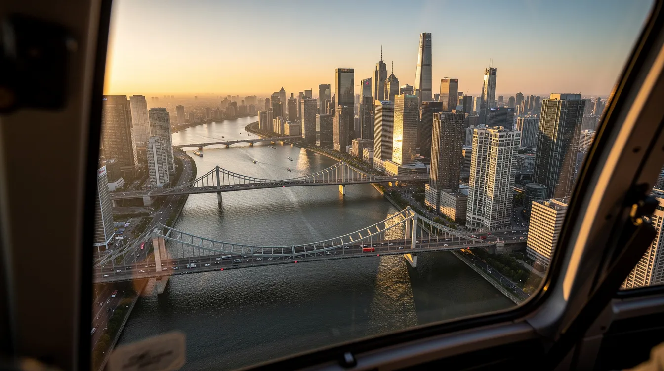 A breathtaking view from a helicopter ride over New York City captures the golden evening light reflecting off the Hudson River, with iconic landmarks like the Brooklyn Bridge and One World Trade Center visible against the dense urban skyline. This unforgettable experience showcases the beauty of downtown Manhattan and the city's stunning architecture.