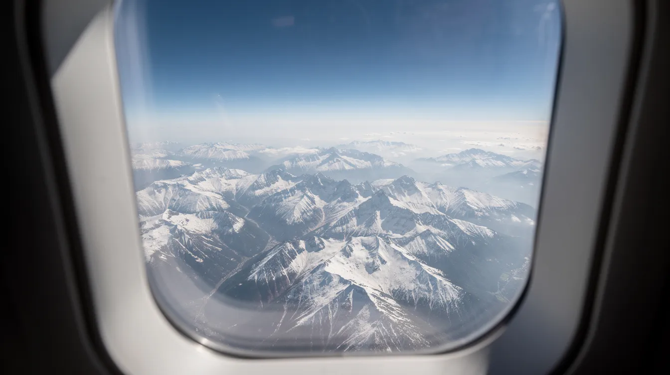 The image shows a breathtaking view through an aircraft window, revealing snow-covered mountain peaks below, likely part of the Rocky Mountains. This picturesque scene highlights the beauty of private aviation as travelers enjoy the luxury of charter flights from Centennial Airport, one of the busiest general aviation airports near downtown Denver.