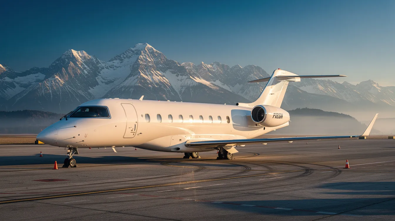 A private jet is parked on a tarmac, with the stunning backdrop of snow-capped mountains that are characteristic of the Rocky Mountains. This scene captures the essence of private aviation, highlighting the luxury of charter flights from Centennial Airport, one of the busiest general aviation airports near downtown Denver.