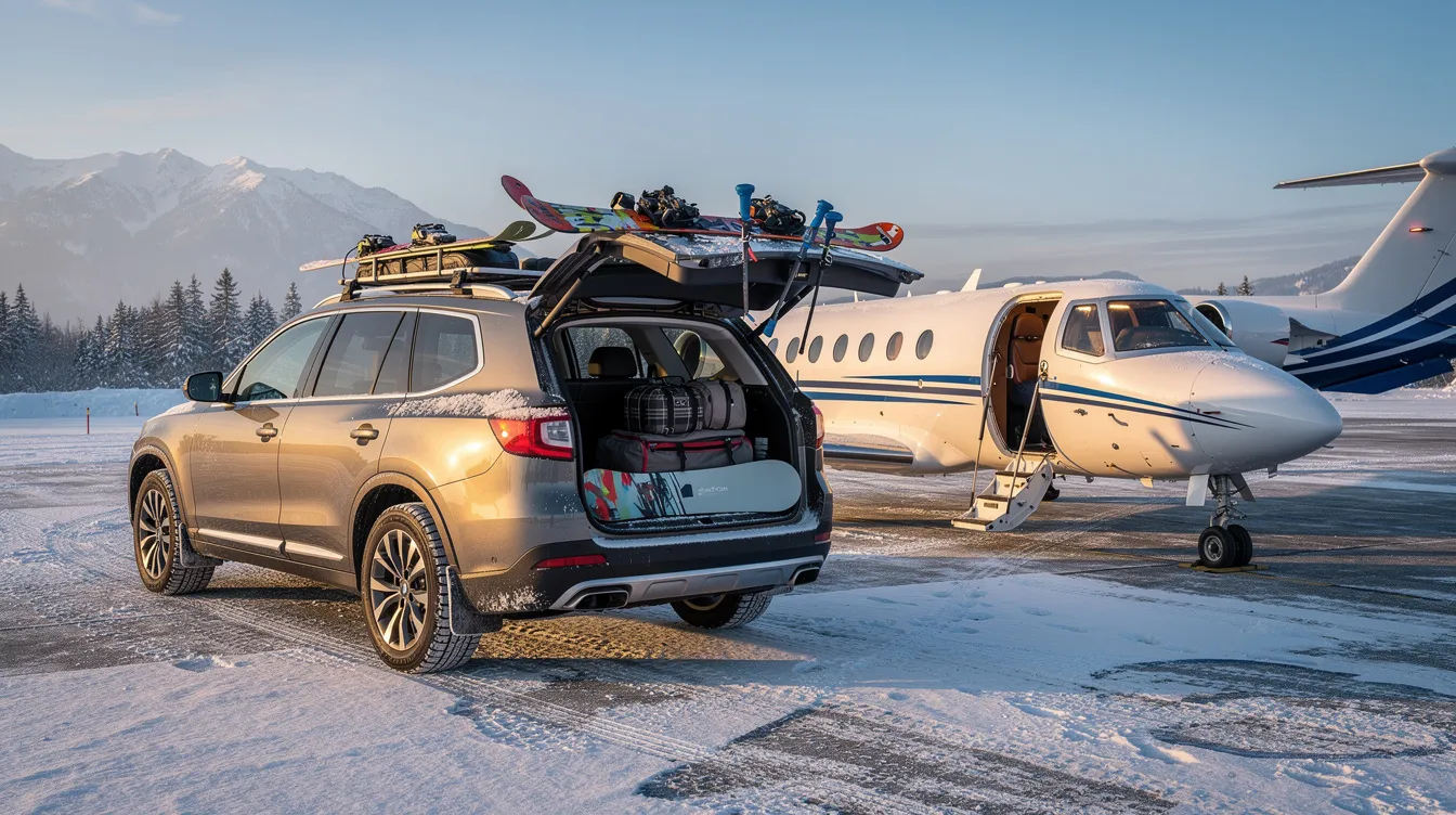 An SUV loaded with ski equipment is parked next to a small private aircraft on a snow-dusted tarmac, suggesting a winter getaway to the Mammoth Lakes area. This scene captures the excitement of travelers preparing for a ski trip, possibly flying into Mammoth Yosemite Airport for easy access to Mammoth Mountain and surrounding attractions.