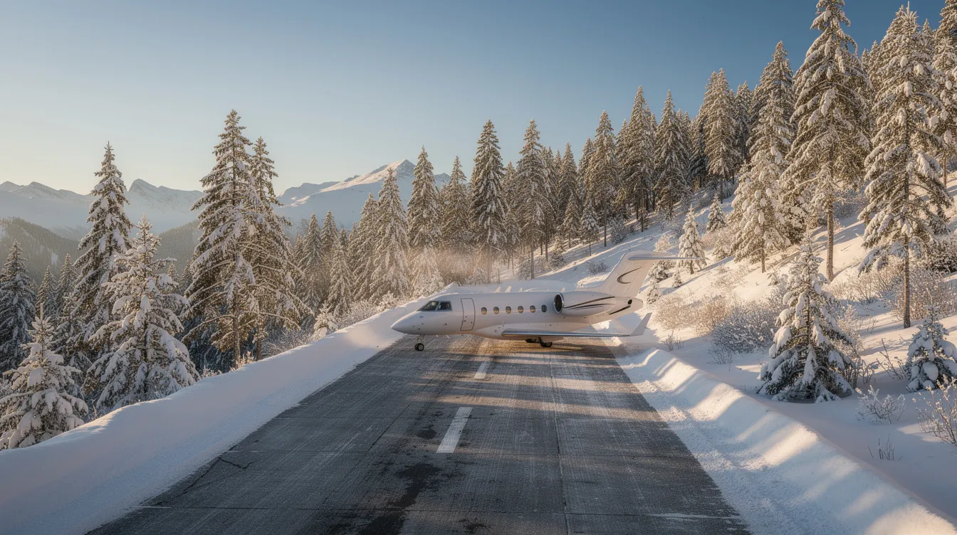 A small private jet is parked on a mountain airstrip, surrounded by snow-dusted pine trees, showcasing the natural beauty of the Mammoth Lakes area. This scene highlights the accessibility of charter flights to Mammoth Yosemite Airport, perfect for visitors seeking adventure in the Eastern Sierra.