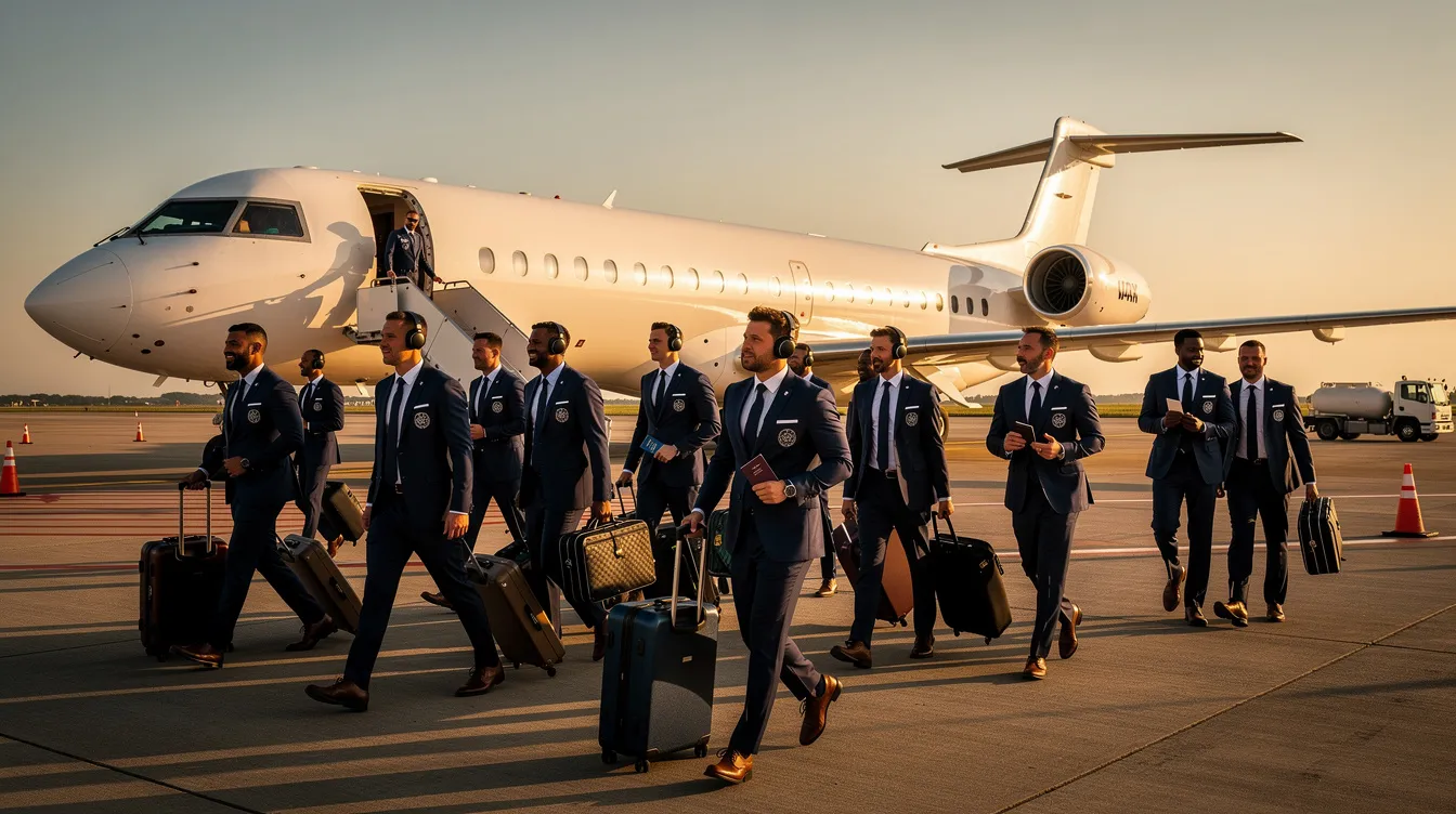 A professional sports team, dressed in matching uniforms, is walking across the tarmac of Miami International Airport towards a white charter aircraft operated by Miami Air International. The scene captures the excitement of the team as they prepare for their upcoming flight, highlighting the charter airline's role in transporting sports teams for events.