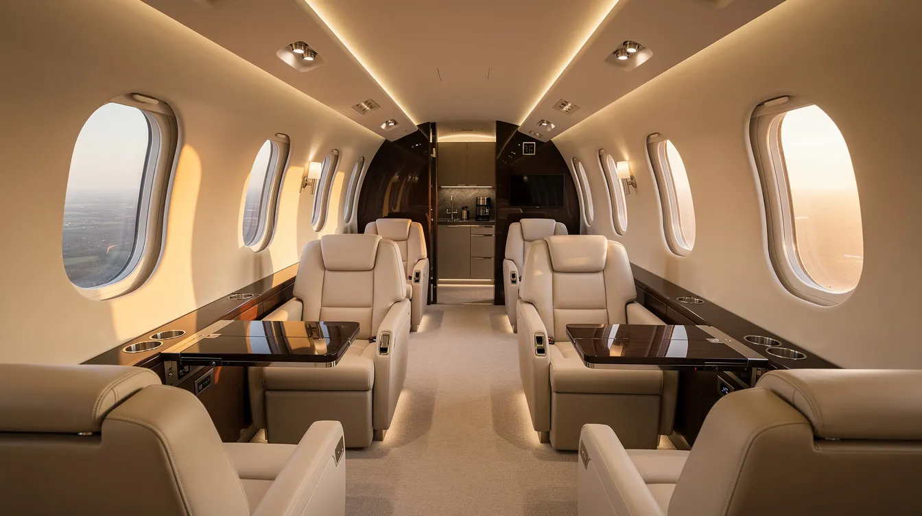 The image depicts the luxurious interior of a modern private jet, featuring cream leather club seating and warm ambient lighting that creates an inviting atmosphere for passengers. This elegant design is perfect for charter flights, offering a comfortable space for travelers flying with Miami Air International or similar charter airlines.