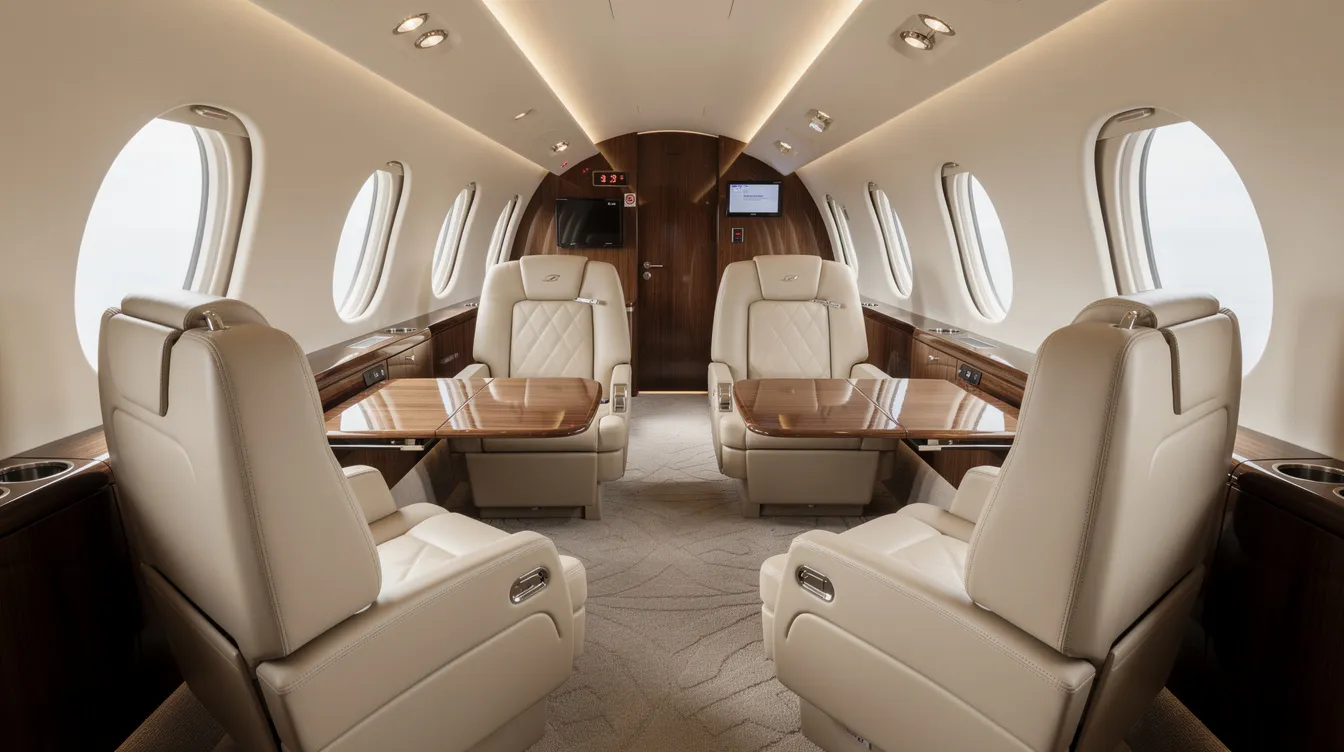 The interior of a midsize private jet features luxurious cream leather seats and elegant polished wood trim, creating a sophisticated and comfortable atmosphere for travelers. This stylish setting is perfect for those planning flights to Florida, whether to popular destinations like West Palm Beach or Orlando.