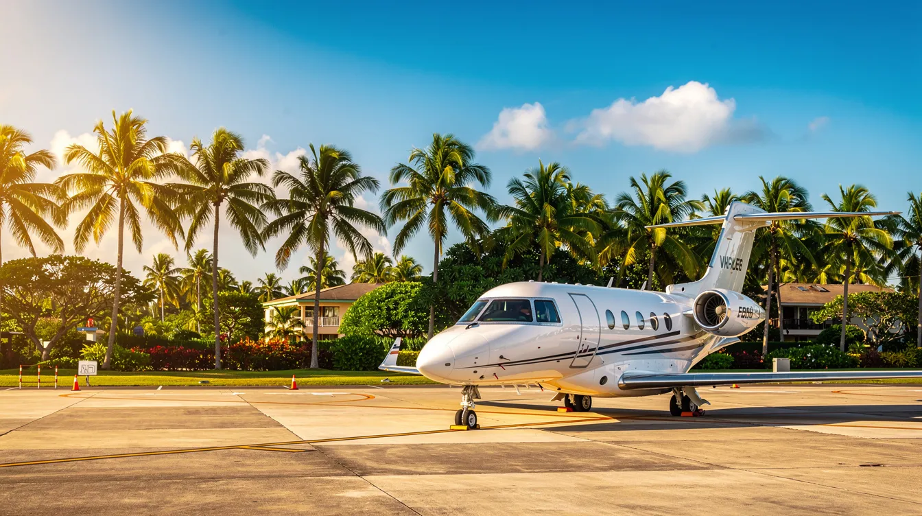A small private jet is parked on a tarmac surrounded by lush palm trees in a sunny tropical setting, evoking the charm of popular destinations like West Palm Beach and Fort Lauderdale in Florida. This serene scene captures the essence of luxury travel and vacation packages for those looking to enjoy flights to Florida.