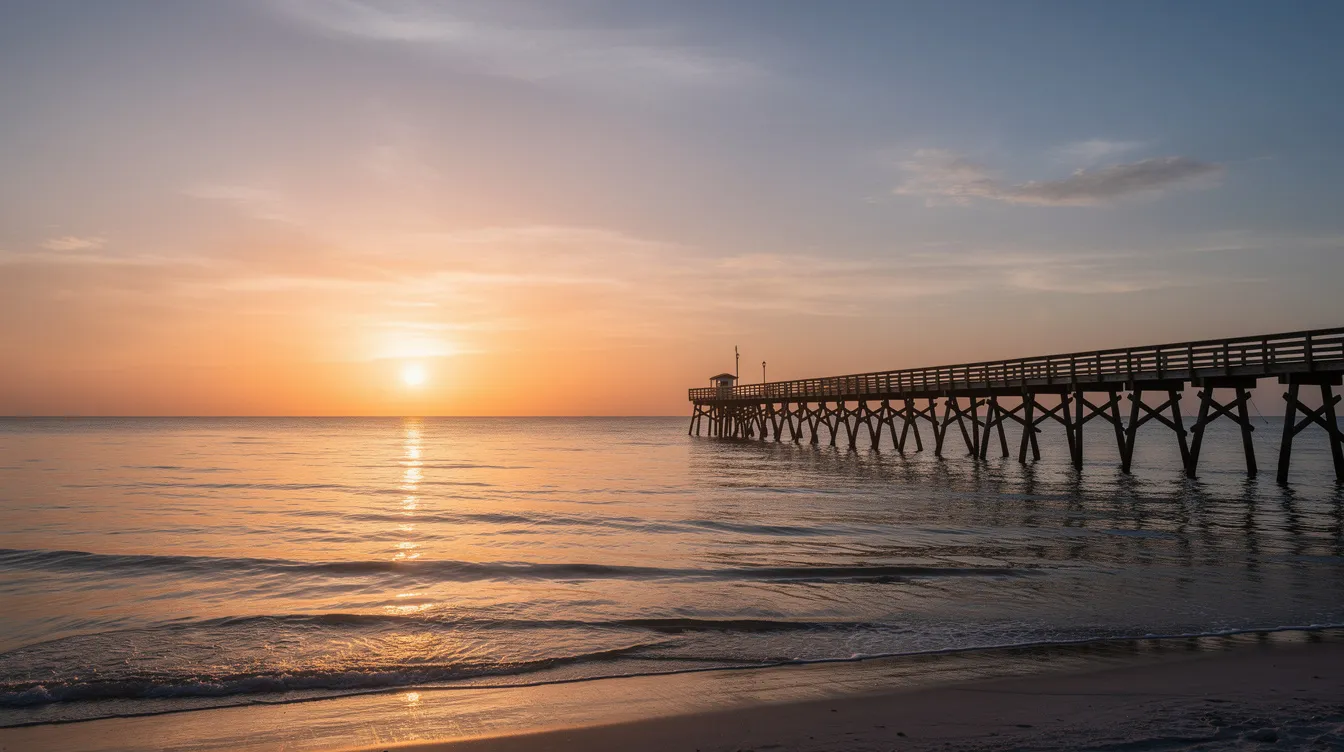 A breathtaking golden sunset casts a warm glow over the calm waters of the Gulf of Mexico, with the silhouette of a beach pier framing the scene, evoking the serene beauty of Florida's coastline. This picturesque view is reminiscent of popular destinations like West Palm Beach and Fort Lauderdale, perfect for travelers seeking relaxation and family fun.