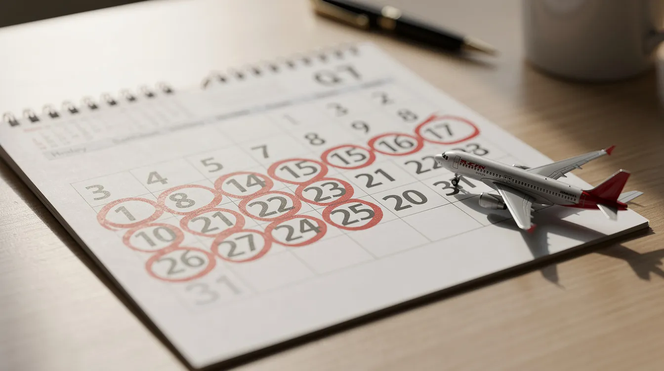 The image features a calendar page with specific dates circled in red, indicating important travel days, alongside a small model airplane placed on a desk, suggesting planning for upcoming flights. This scene evokes thoughts of finding cheap flights and booking international or domestic trips.