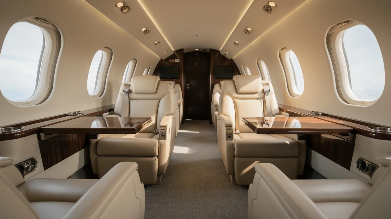 The image depicts the luxurious interior of a private jet cabin featuring plush leather seats and ample natural light streaming through large windows, creating an inviting atmosphere for travelers. This elegant setting emphasizes the comfort and exclusivity of flying, ideal for those seeking premium travel experiences.