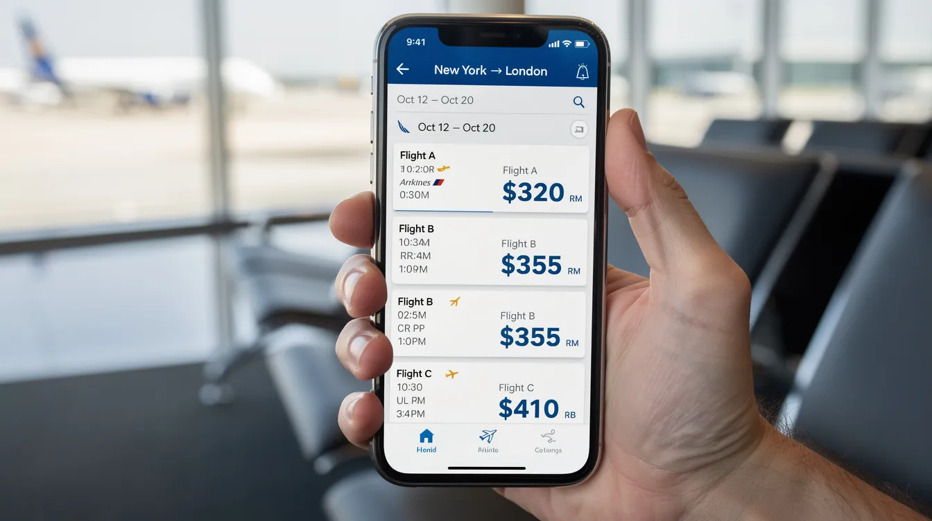 A person is holding a smartphone displaying a flight search app that compares prices for various flights, highlighting the cheapest flights and best deals for international and domestic trips. The screen shows options for round trip tickets, including Delta flights, making it easier to find cheap flights for travel from cities like Salt Lake City to San Francisco.