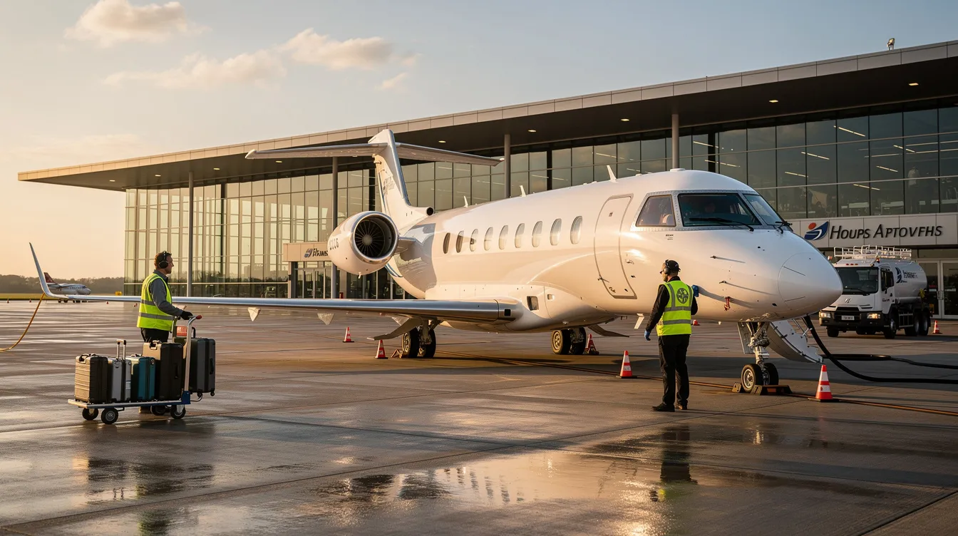 A sleek private jet is parked at a business aviation terminal, with ground crew members busily preparing for departure. The scene reflects a sense of luxury travel, often associated with flights to New York and other major airports.