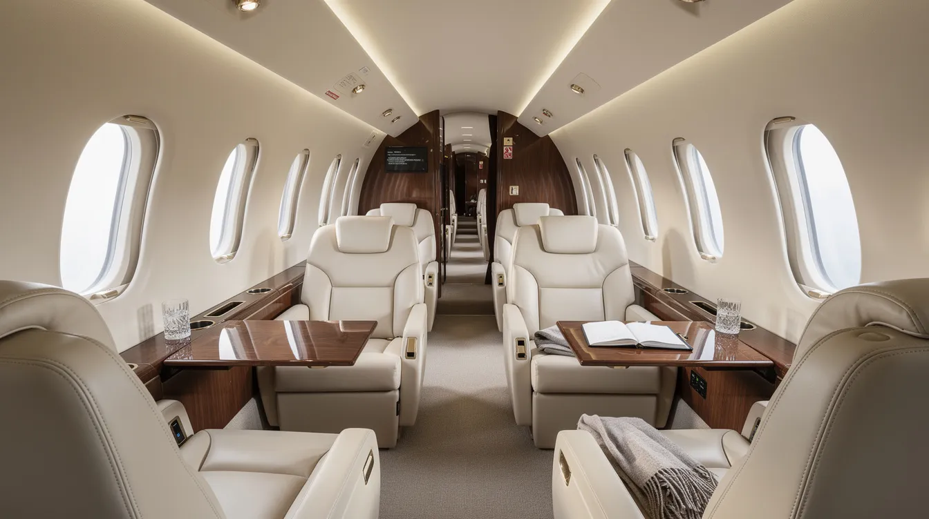 The interior of a midsize private jet features luxurious leather club seating and large oval windows, offering a comfortable and stylish travel experience. This setting is perfect for those planning direct flights to New York, whether arriving at JFK, Newark, or LaGuardia airports.