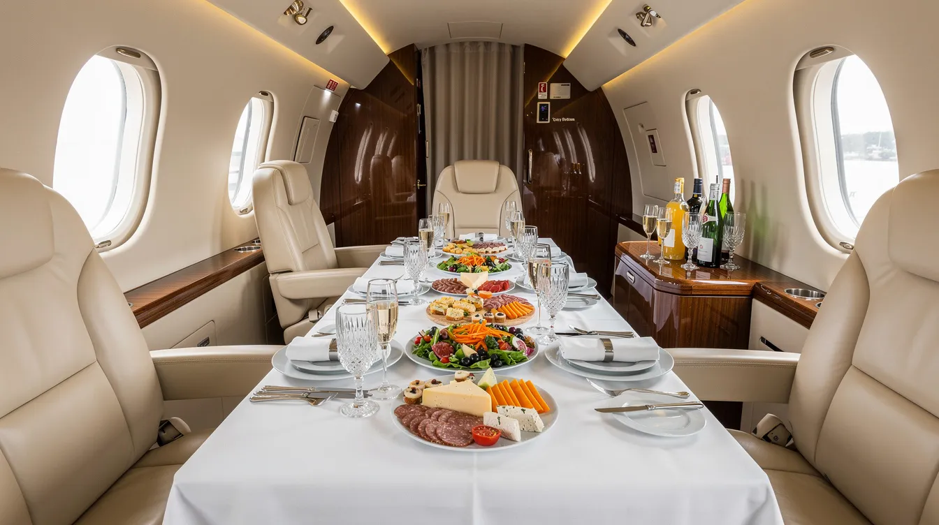 The image depicts an elegant catering setup inside a private jet cabin, featuring an array of fresh food, drinks, and pristine white linens, creating a luxurious atmosphere for travelers. This setup is perfect for those flying to popular destinations like New York, with direct flights available from major airports such as JFK and Newark Liberty International Airport.